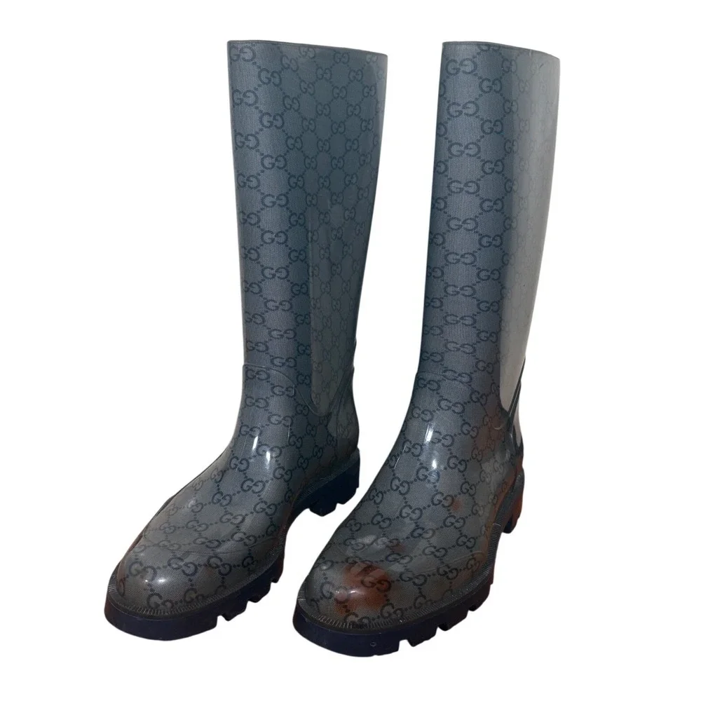 Gucci GG Monogram Clear Grey Blue Rubber Rain Boots Size 40 Made in Italy